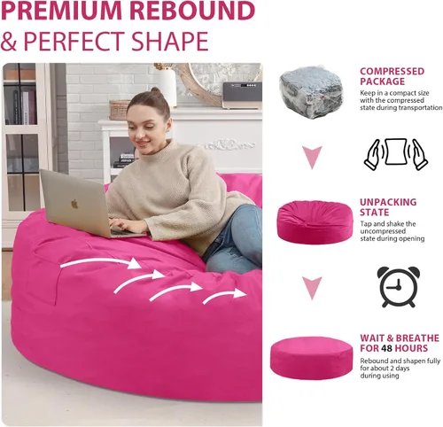 Miniatura 186 de Puf de 5 pies, puf grande con relleno de espuma viscoelástica, sofá puff esponjoso con funda de terciopelo holandés, puf redondo para sala de estar