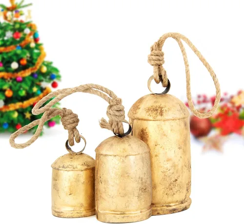 Juego de Campanas de Vaca Rústicas Vintage de Navidad – Decoración Navideña Shabby Chic – 3 Campanas en Varios Tamaños (4", 6", 8" de Alto) Crean