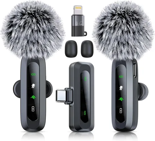 Miniatura 8 de Micrófono Lavalier inalámbrico 3 en 1 para iPhone, iPad, Android, cámara, paquete de 2 mini micrófonos profesionales con pantalla LED, clip