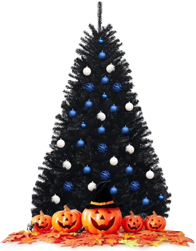 Miniatura 2 de Goplus Árbol de Navidad negro sin luz de 7.5 pies, árbol de Halloween artificial con 1258 puntas de rama, soporte de metal, árbol completo