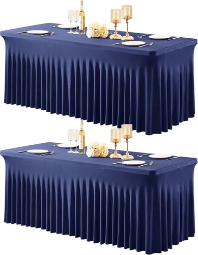 Miniatura 28 de Paquete de 2 manteles color azul bebé para mesa rectangular de 4 pies, manteles de elastano elásticos de 4 pies, falda blanca rectangular para baby