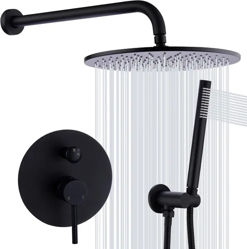 Miniatura 12 de TRUSTMI Sistema de ducha negro mate de 10 pulgadas, desviador de botón desviador montado en la pared redonda de lluvia y ducha de mano con válvula