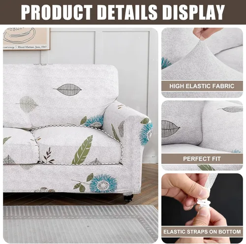 Miniatura 5 de SearchI Funda Elástica para Sofá Estampada Funda de Sofá, Patrón Floral Funda de Sofá de 4 Piezas con 3 Fundas de Cojín Separadas, Protector de Gris