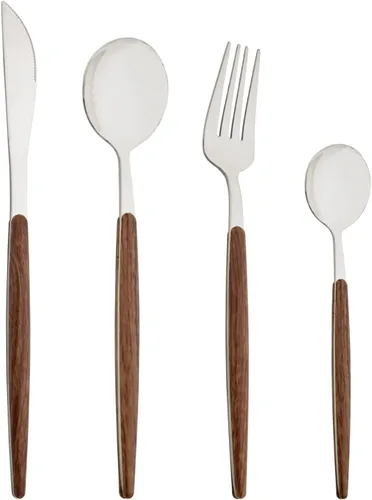 Miniatura 8 de Juego de cubiertos de 24 piezas de mango de madera, juego de cubiertos de acero inoxidable de madera, cuchillo de cena, tenedor, cucharadita