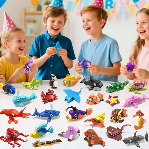 Miniatura 7 de Paquete de 30 recuerdos de fiesta de animales para niños, 824 piezas de juguetes de bloques de construcción de animales marinos para bolsas