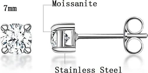 Miniatura 5 de Juego de aretes de tuerca de moissanita de acero 316L de 4 puntas redondas de moissanita con diamantes para mujeres y hombres
