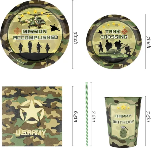 Miniatura 2 de Recheel Suministros para fiesta temática del Ejército de cumpleaños, juego de platos y servilletas de papel con temática de camuflaje para 24 Militar