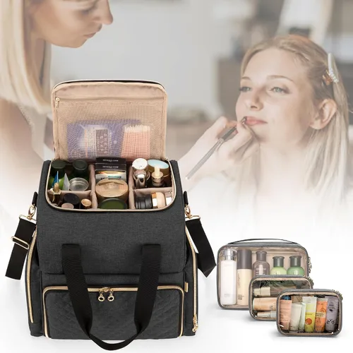 Miniatura 8 de LUXJA Bolsa de maquillaje de viaje grande con 3 estuches extraíbles, bolsa de cosméticos con divisores desmontables (patente pendiente), color negro