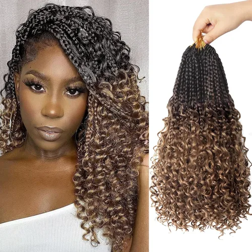 Miniatura 90 de Goddess Box Braids - Trenzas de cabello a ganchillo con extremos rizados, trenzas de caja bohemianas de 16 pulgadas, trenzas de ganchillo, 8 1B-4-30