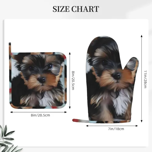 Miniatura 4 de Yorkie - Juego de guantes de horno y soportes para ollas con estampado para cachorros, resistentes al calor, antideslizantes, forro suave, guantes