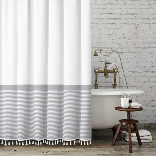 Miniatura 19 de Cortina de ducha gris Seasonwood Moderna de tela con borlas blancas, cortinas de ducha estilo casa de campo a rayas, impermeable, 72x72 pulgadas