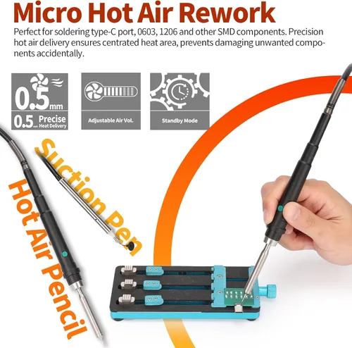 Miniatura 4 de YIHUA 948D V Estación de Retrabajo de Aire Caliente Micro Soldadura 5 en 1 con Herramienta de Microsoldadura C210, Pinza de Soldadura de Aire