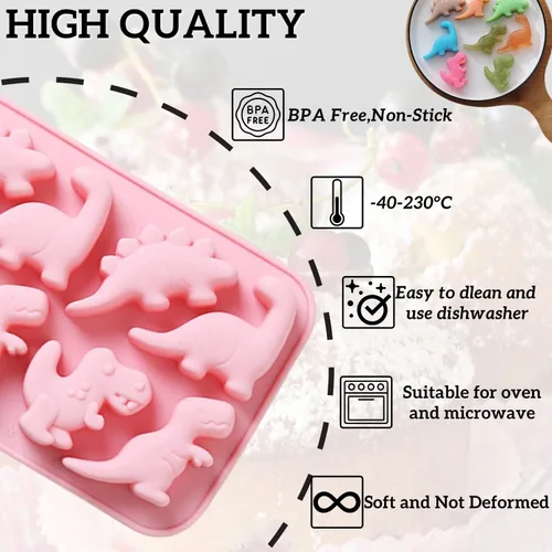 Miniatura 3 de Crethinkaty Moldes de silicona de grado alimenticio de dinosaurio, 8 cavidades de chocolate duro para caramelos de hielo, molde de silicona