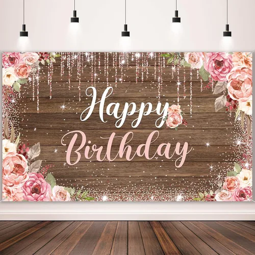 Decoraciones de fondo de feliz cumpleaños para mujeres, suministros de fiesta, telón de fondo rosa, fotografía para niñas y niños, pancarta floral