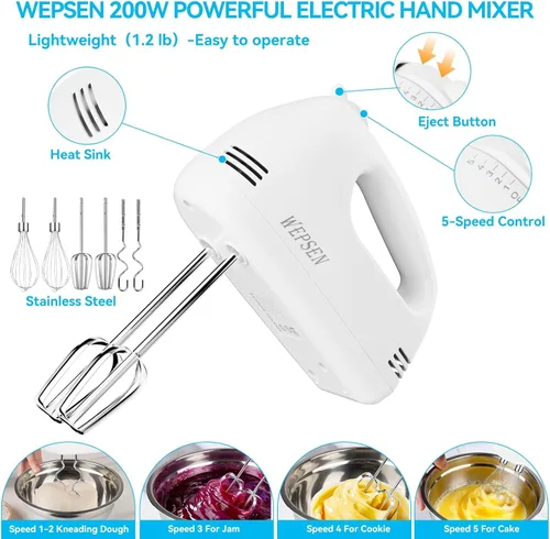 Miniatura 3 de WEPSEN Batidora de Mano Eléctrica Juego de Tazones de Mezcla, Batidora Manual de 5 Velocidades con 4 Tazones de Mezcla de Acero Inoxidable