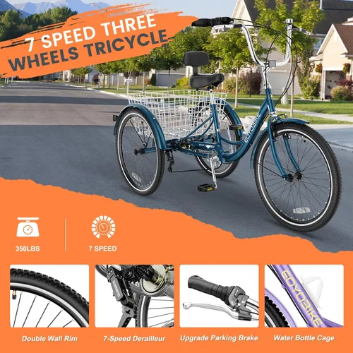 Miniatura 5 de MOONCOOL Triciclos para adultos de 3 ruedas y 7 velocidades, triciclos para adultos de 20/24/26 pulgadas, bicicleta de 3 ruedas con cesta para Plume