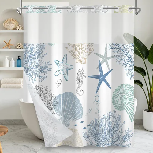 Miniatura 32 de No Hook Geometric Shower Curtain with Snap in Liner - 71″W x 74″L Waterproof Fabric with Mesh Top Window, Modern Abstract Triangle Design Bath
