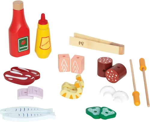 Miniatura 3 de Hape, Parrilla para barbacoa de juguete con set de comida de juguete para cocinar brochetas de madera con accesorios