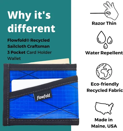 Miniatura 4 de Flowfold Billeteras de tela de vela reciclada, cartera con 3 bolsillos para tarjetas, billetera con bolsillo frontal, cartera delgada para tarjetas