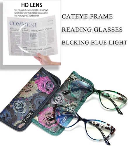 Miniatura 8 de EYEURL Gafas de lectura de ojo de gato para mujer, paquete de 2 unidades, con bloqueo de luz azul, para mujer, bisagra de resorte, patrón de moda +
