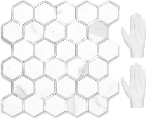 Miniatura 20 de STICKGOO Azulejo Hexagonal de Pelar y Pegar para Salpicadero, Salpicadero Adhesivo para Cocina y Baño, Aspecto de Pizarra Oxidada PVC Mezclado Metal