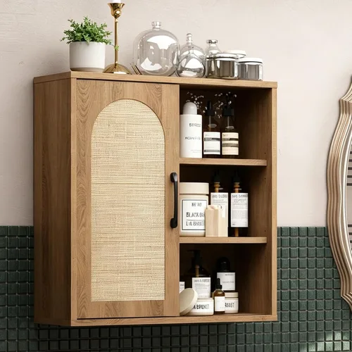 Miniatura 11 de RUSTOWN Armario de pared de ratán bohemio, gabinete de baño de mediados de siglo con puerta corredera, estantes ajustables, armario de Negro