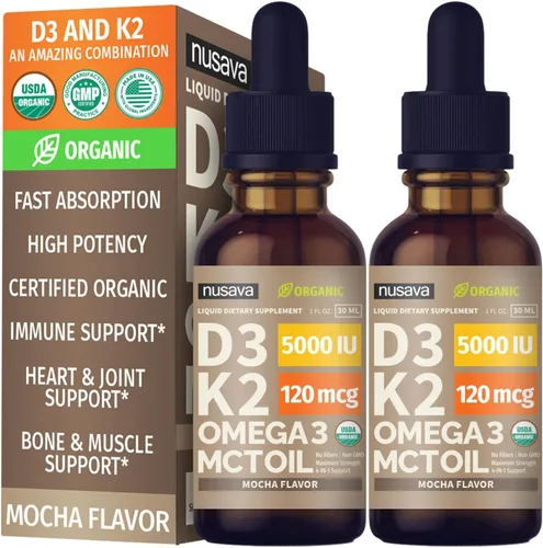 Miniatura 9 de Paquete de 2 gotas orgánicas de vitamina D3 K2 con aceite MCT y Omega 3 - Vitamina líquida D3 5000 UI - Suplemento de vitamina K2 D3 - Gotas