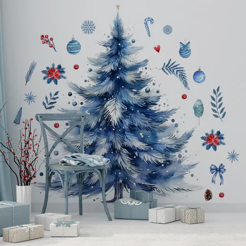 Miniatura 3 de 59x47 Pulgadas Adhesivos de Árbol de Navidad Azul Grande para Pared, Extraíbles DIY, Adhesivos de Árbol de Navidad Acuarela Gigantes para Baño