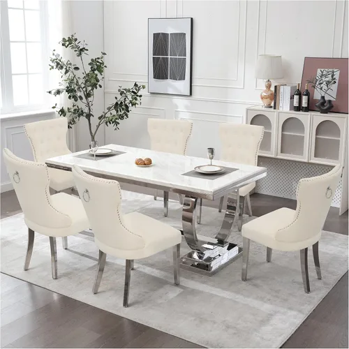 Miniatura 6 de adochr Juego de 2 sillas de comedor de terciopelo, sillas de cocina tapizadas con patas de metal, respaldo abotonado moderno con anillo de tracción