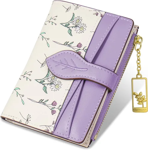 Miniatura 11 de Carteras para mujer - Bloqueo RFID - Pequeña billetera con flores, cuero PU suave, plegable, bolsillo con cremallera para monedas, tarjetero