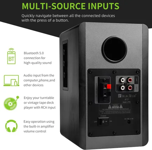 Miniatura 5 de SINGING WOOD BT27 - Altavoces Bluetooth activos, con control y control remoto, monitor de estudio con 2 entradas auxiliares de línea, 54 vatios RMS