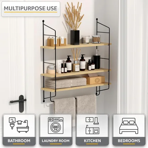 Miniatura 4 de Sorbus Estantes flotantes de baño de 3 niveles para pared, almacenamiento de pared de madera para toallas, armario de almacenamiento sobre el Arce