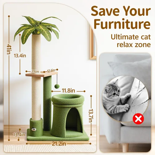 Miniatura 6 de Soporte de poste para rascar en torre de árbol de gato para interiores, 41 pulgadas compacto de palmera con cama acogedora para gatos pequeños