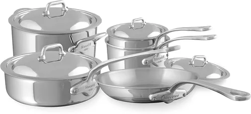 Mauviel M'Cook - Juego de utensilios de cocina de acero inoxidable pulido de 5 capas con asas de acero inoxidable fundido, fabricado en Francia