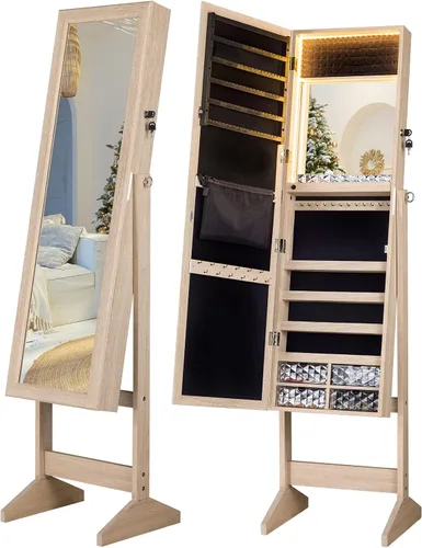 Miniatura 6 de LUXFURNI Armario de joyería con luz LED, espejo de pie, organizador de almacenamiento grande con cerradura y cajones (natural)