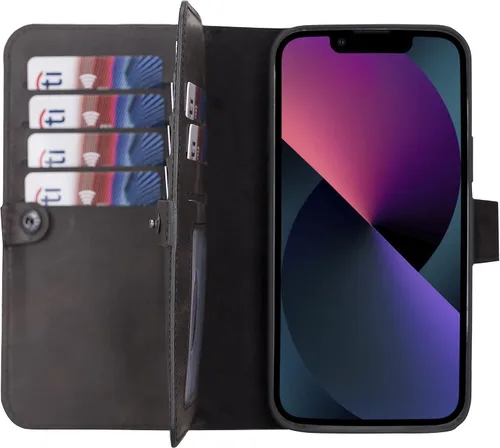 Miniatura 51 de HARDISTON Funda de piel auténtica de alta calidad hecha a mano para iPhone 11 Pro de 5.8 pulgadas, tarjeteros de doble folio, funda magnética Negro