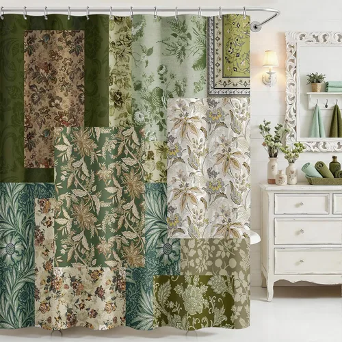 Mocsicka Cortina de Ducha Vintage Boho Verde Cortina de Ducha Floral Retro para Decoración de Baño Floral Boho Tela Impermeable Cortina de Baño de