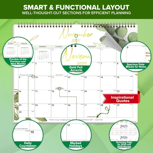 Miniatura 2 de Decorably Calendario académico de 18 meses de vegetación dorada de 18 meses 2025 de julio de 2025 a diciembre de 2026, calendario de pared verde