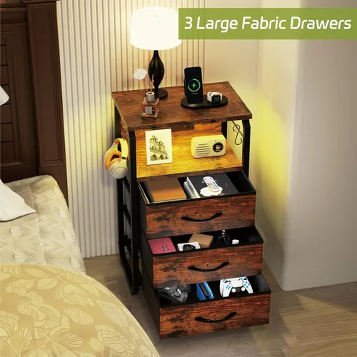 Miniatura 6 de runjuly Mesita de noche con luz, mesa auxiliar LED con cajones y estación de carga con puerto tipo C, pequeña mesa de noche con ganchos, cómoda