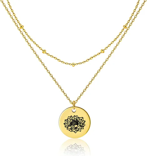 Collar con colgante de flor del mes de nacimiento, chapado en oro de 18 quilates, delicado y sencillo mes de nacimiento, colgante de disco floral,