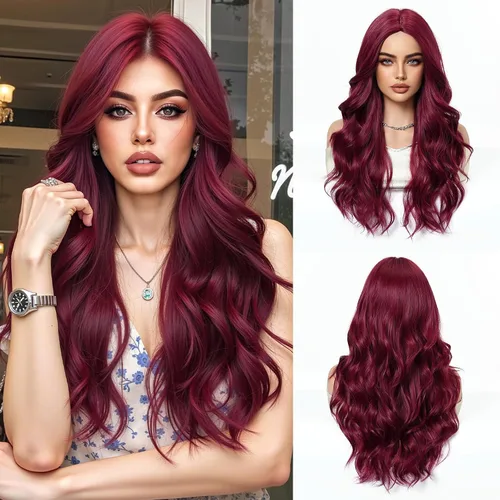 Miniatura 27 de Esmee Pelucas largas de color castaño rojizo ombré para mujer, peluca de cabello sintético ondulado y rizado natural para uso diario, fiestas