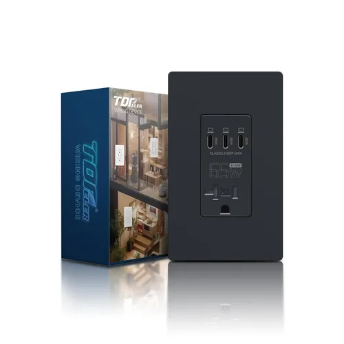 Miniatura 10 de TOPELER Tomacorriente USB de pared negra, tomacorriente USB de carga ultrarrápida GaN de 65W para laptop, receptáculo resistente a manipulaciones