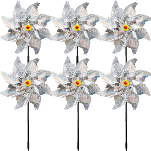 Miniatura 6 de Molinillos reflectantes brillantes con estacas, molinillos de viento para exteriores, dispositivos de miedo de pájaros, rueda de alfiler holográfico
