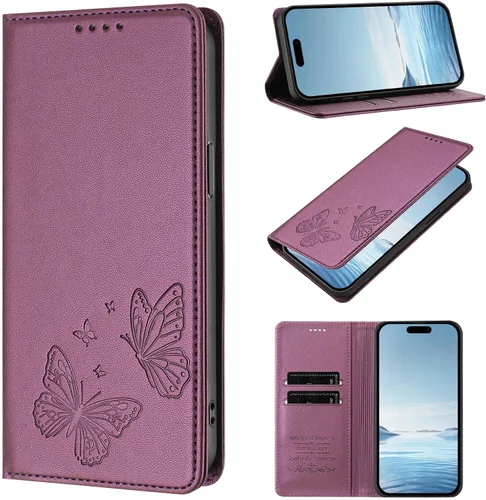 Butterfly Embossed Leather Wallet Flip Case for Motorola Moto E22 4G, Magnetic Closure, RFID Blocking Cover, Card Holder Purple.