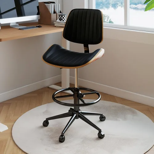 Silla de dibujo, silla de oficina ergonómica con respaldo de madera de nogal, silla de escritorio de piel sintética sin brazos con altura ajustable,