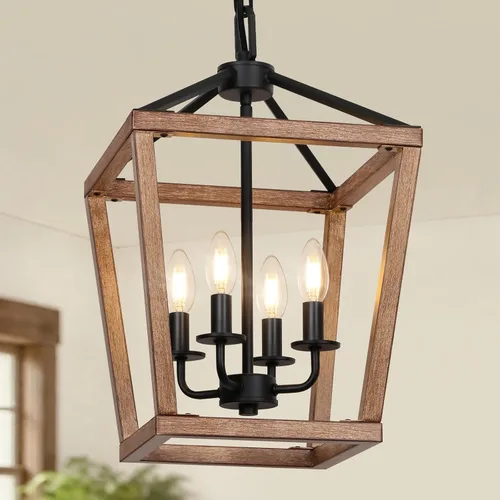 Miniatura 10 de Lámpara de araña de granja de 4 luces, lámpara de techo rústica tipo linterna con jaula de metal pintado de madera y cadena ajustable, luminaria