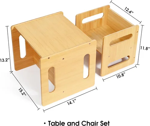Miniatura 7 de Juego de mesa y silla para niños, mesa y silla de destete Montessori, silla de escritorio pequeña de bambú natural, juego de mesa de actividades