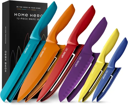 Miniatura 9 de Home Hero Juego de cuchillos de cocina de acero inoxidable de alto carbono, cuchillos de chef y afilador de dos etapas, mango ergonómico y corte