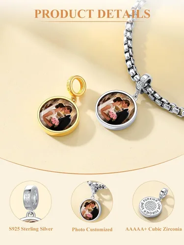 Miniatura 32 de Custom4U Photo Charms for Bracelets 925 Sterling Silver/Gold Plated Heart/Tree of Life/Round Charm Bead Personalized with Picture Custom