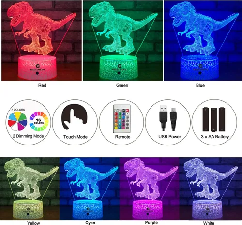 Miniatura 2 de easuntec Juguetes de dinosaurio con luz nocturna 3D con control remoto y táctil inteligente, 7 colores + 16 colores cambiantes TRex juguetes